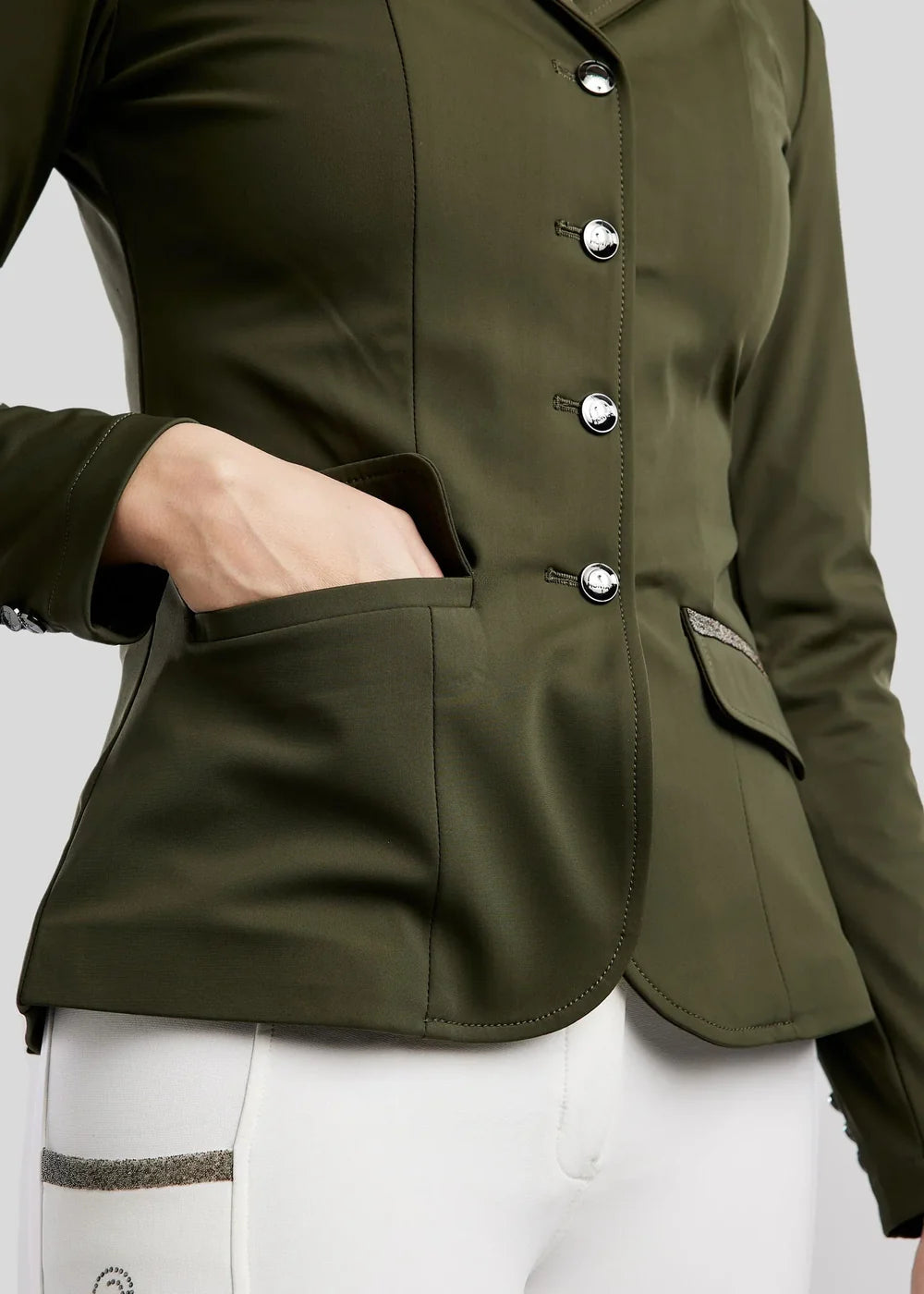 Montar MoGloria Competition Coat Gun Metal Caviar Tape and Crystals-Olive Green