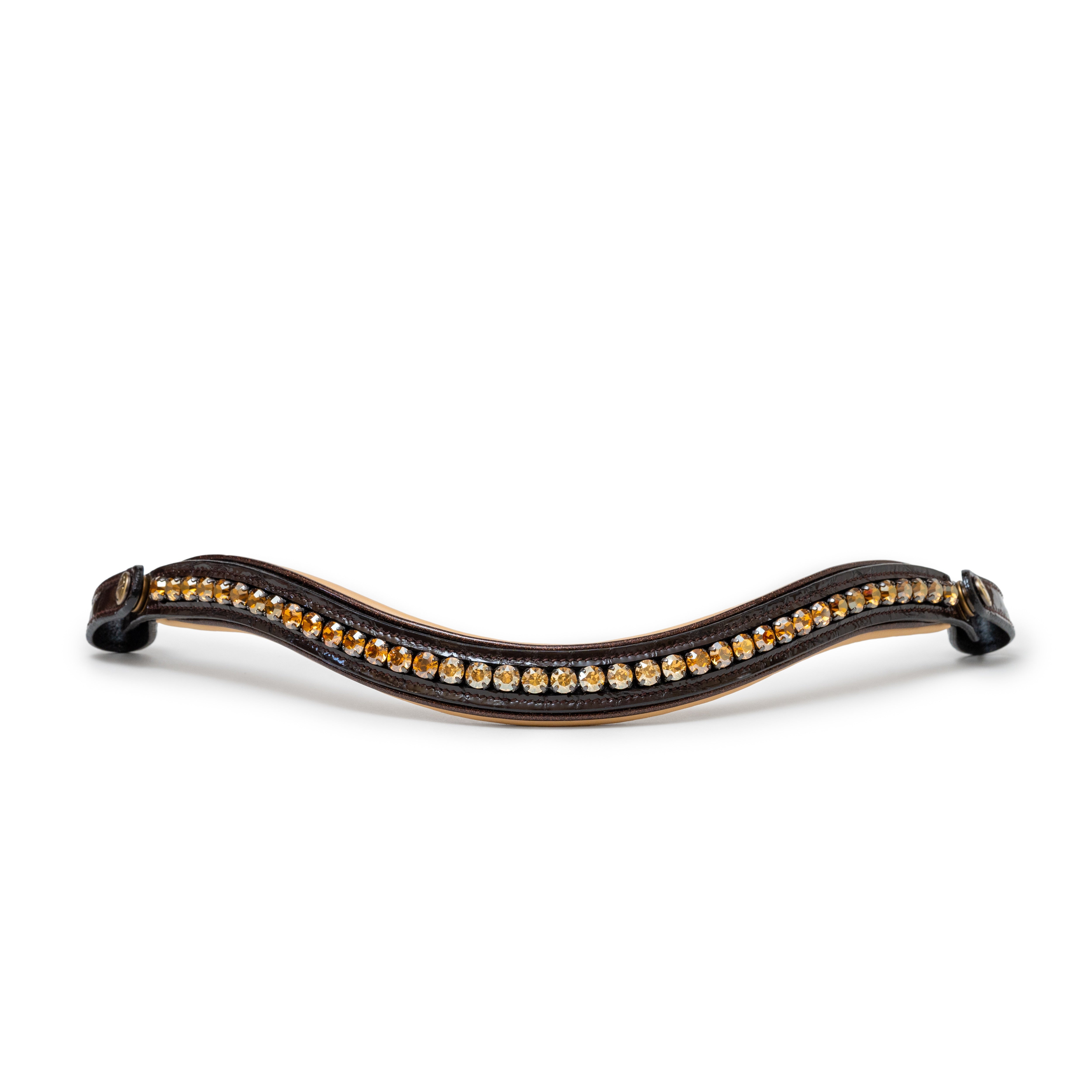 The Vienna Brown Patent Leather Snaffle Bridle with Bronze Golden Sparkle Piping