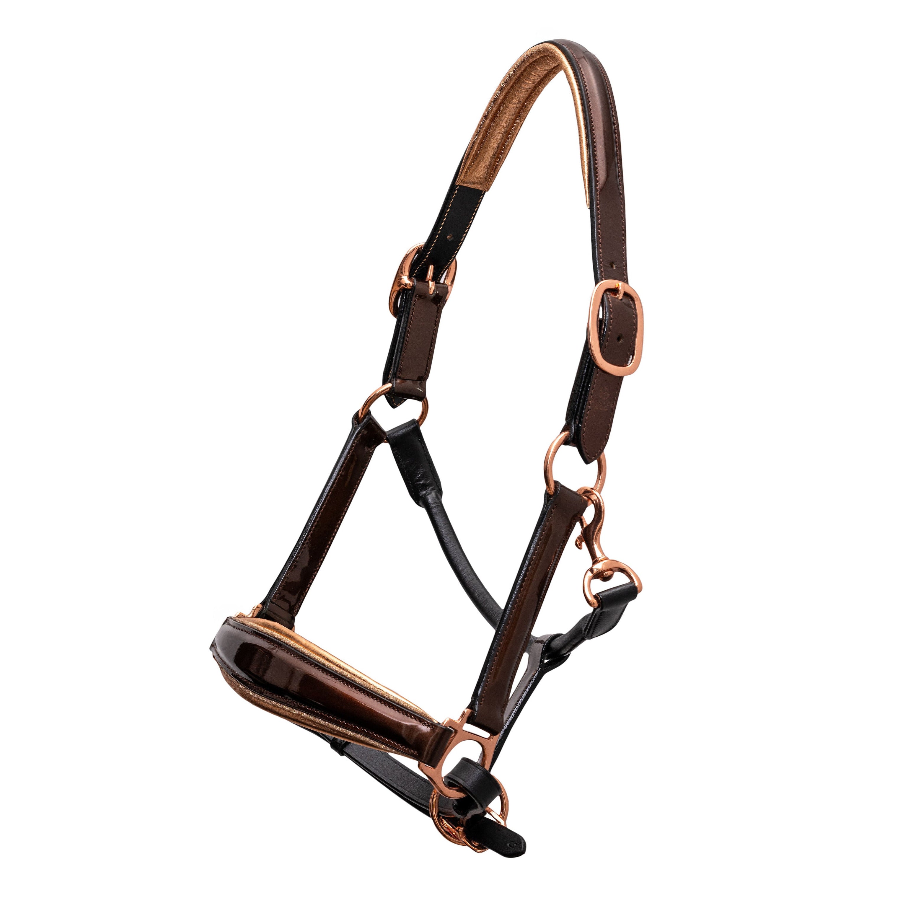 Gilded Mocha - Metallic Bronze Patent Conical Padded Halter with Rose Gold Padding & Piping