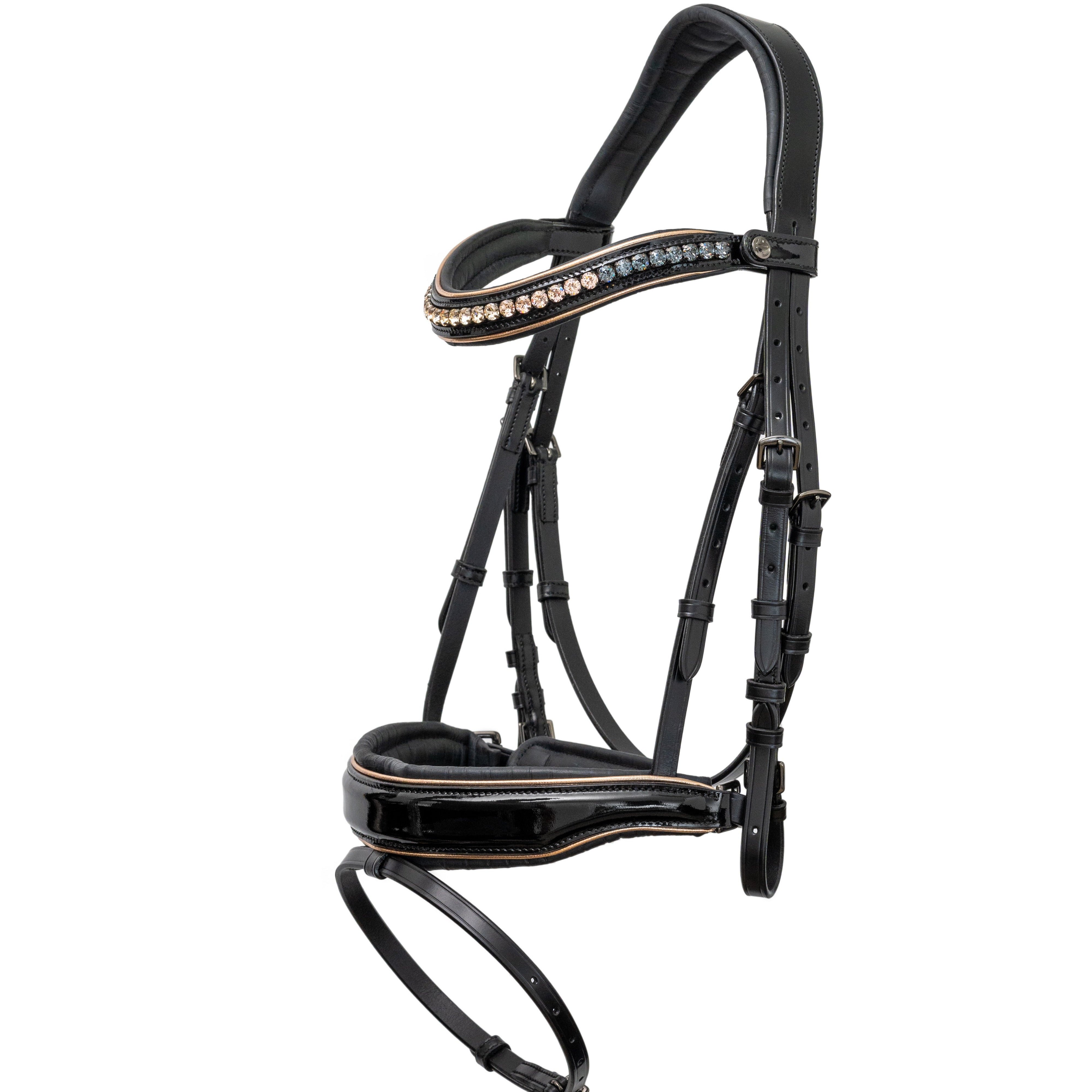 🖤 The Gotham Black Patent Snaffle Bridle – Patent Leather | Croc Print | Ombre Austrian Crystal Browband