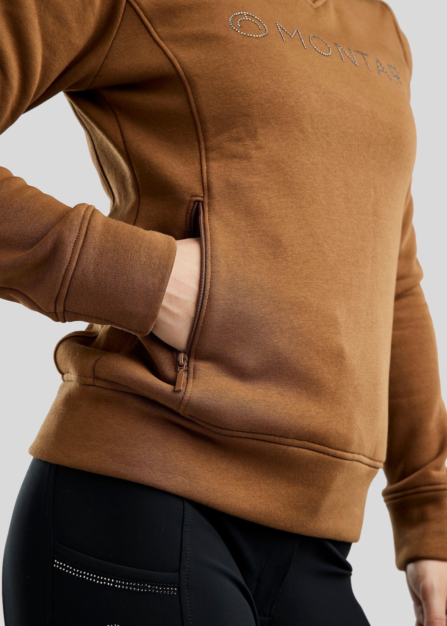 Montar MoNaja High Collar Sweatshirt with Gun Metal Crystals - Toffee