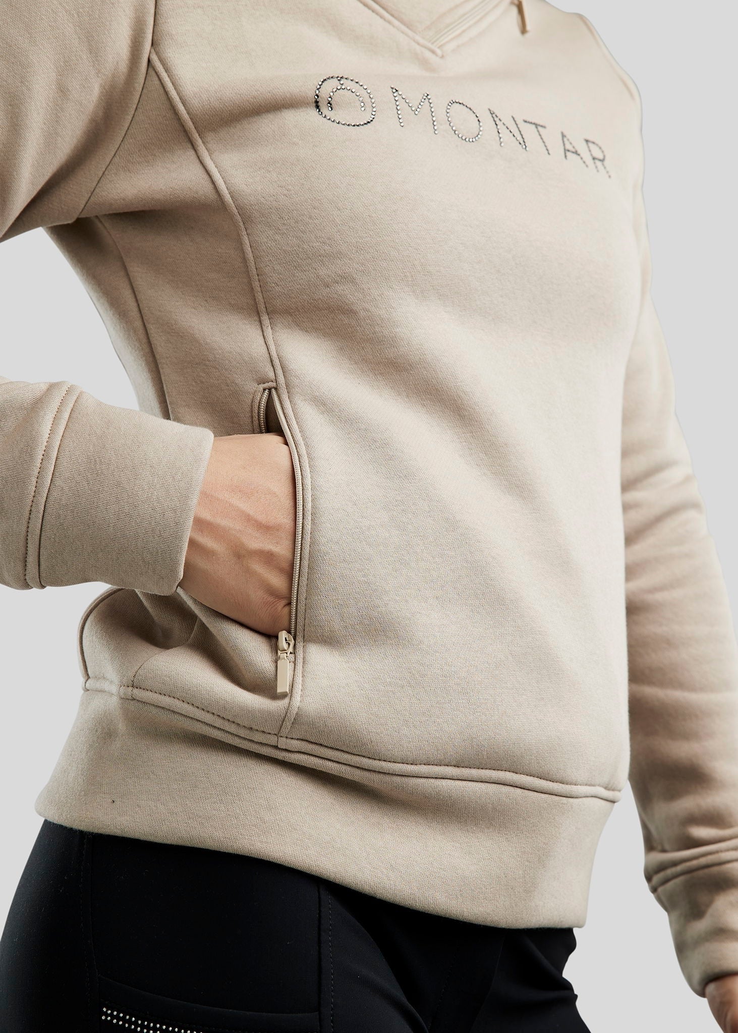 Montar MoNaja High Collar Sweatshirt with Gun Metal Crystals - Light Silver Grey
