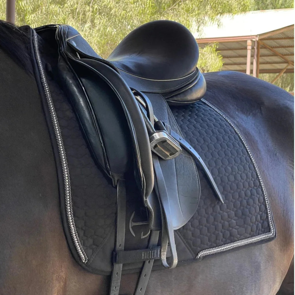 Halter Ego European Cotton Dressage Saddle Pad - Black W/ Crystal&Gunmetal Trim