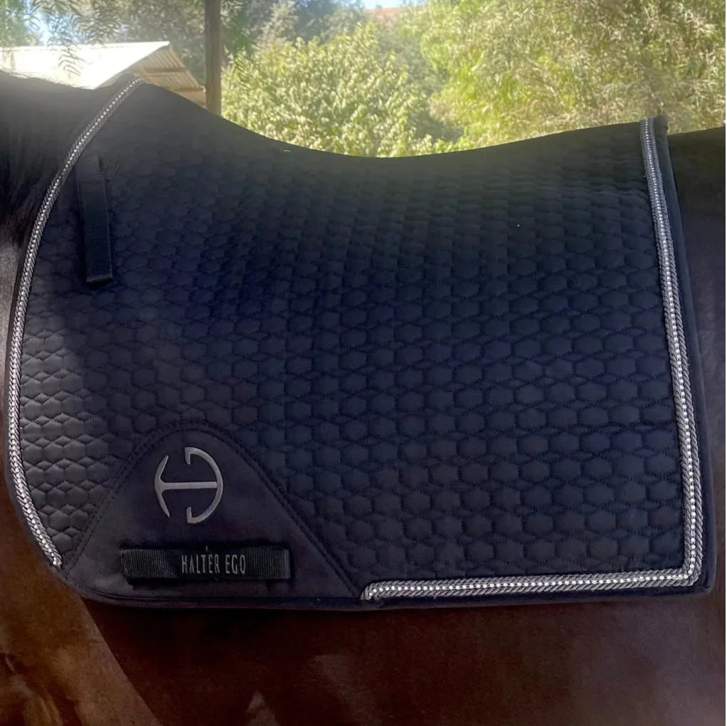 Halter Ego European Cotton Dressage Saddle Pad - Black W/ Crystal&Gunmetal Trim