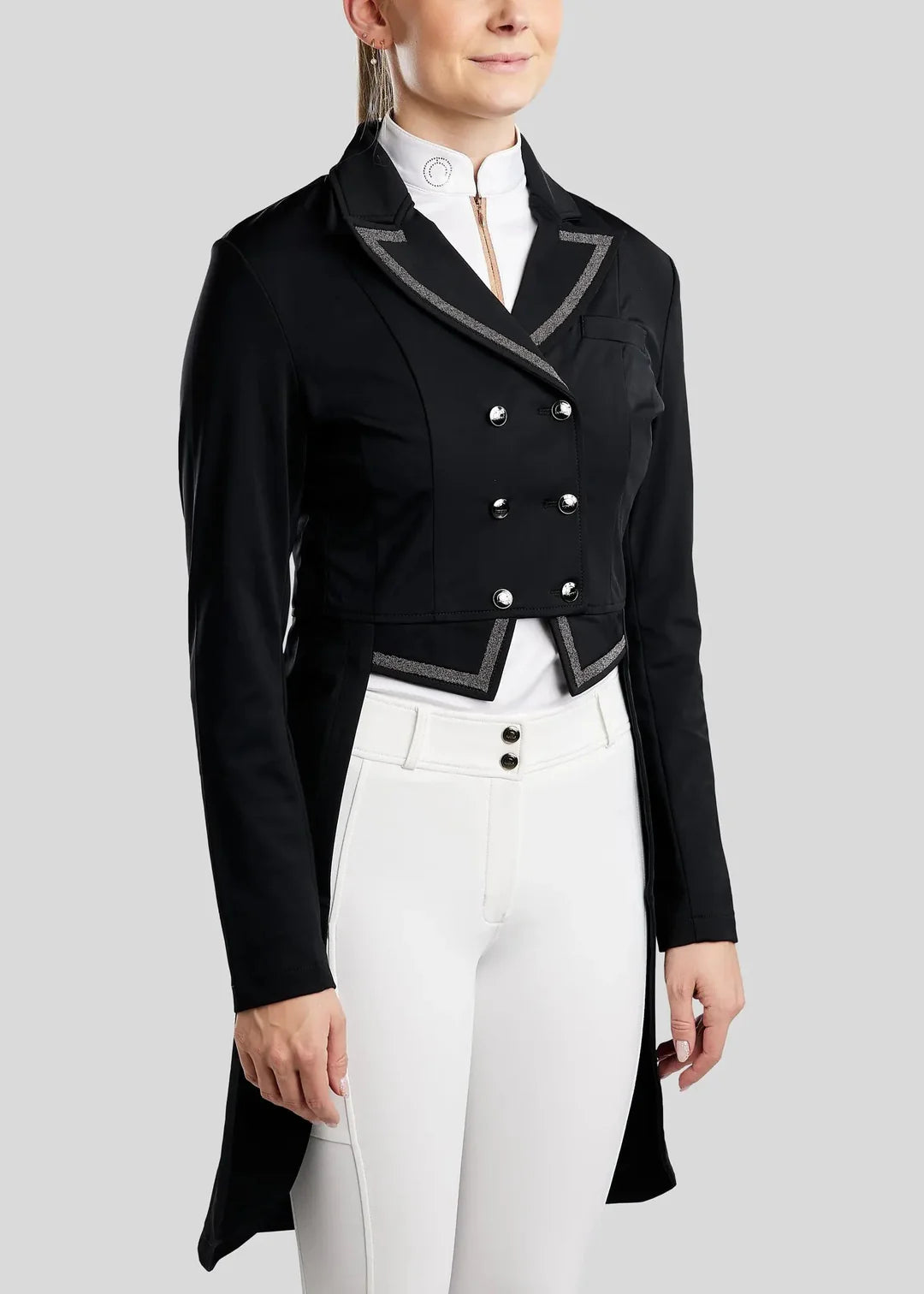 Montar MoGloria Gun Metal Ladies Long Tail Coat Caviar Tape & Crystals Black