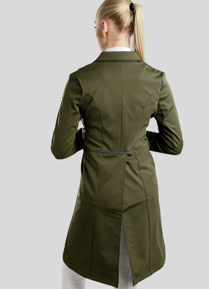 Montar MoGloria Gun Metal Ladies Long Tail Coat Caviar Tape & Crystals, Olive Green