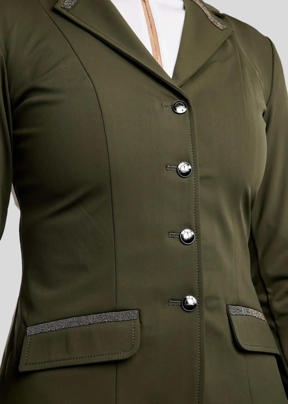 Montar MoGloria Competition Coat Gun Metal Caviar Tape and Crystals-Olive Green