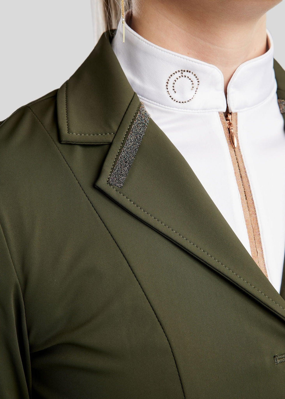 Montar MoGloria Competition Coat Gun Metal Caviar Tape and Crystals-Olive Green