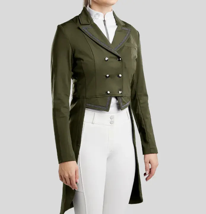 Montar MoGloria Gun Metal Ladies Long Tail Coat Caviar Tape & Crystals, Olive Green