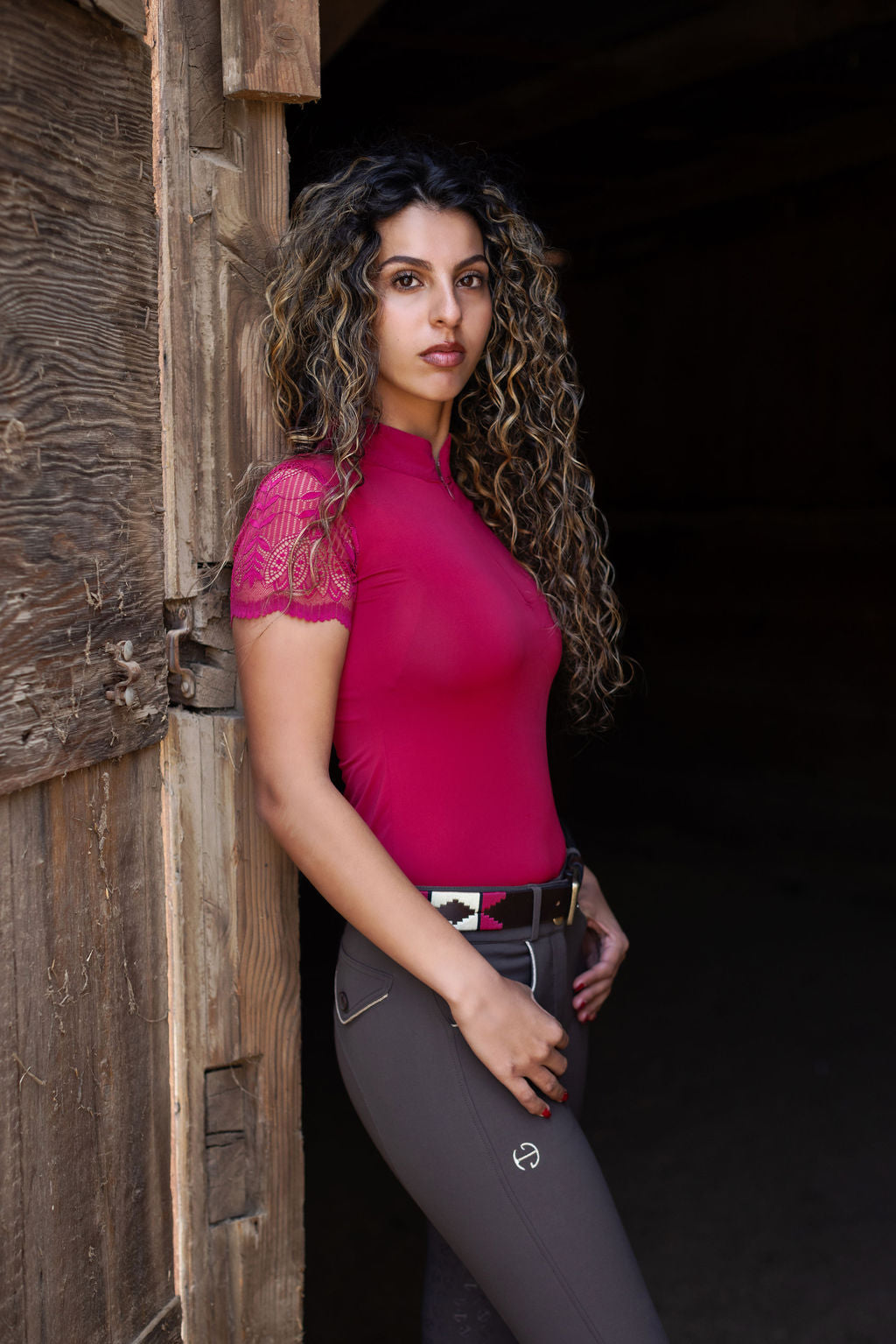 Halter Ego Charlie Short Sleeve Lace Riding Shirt - Cherry Red