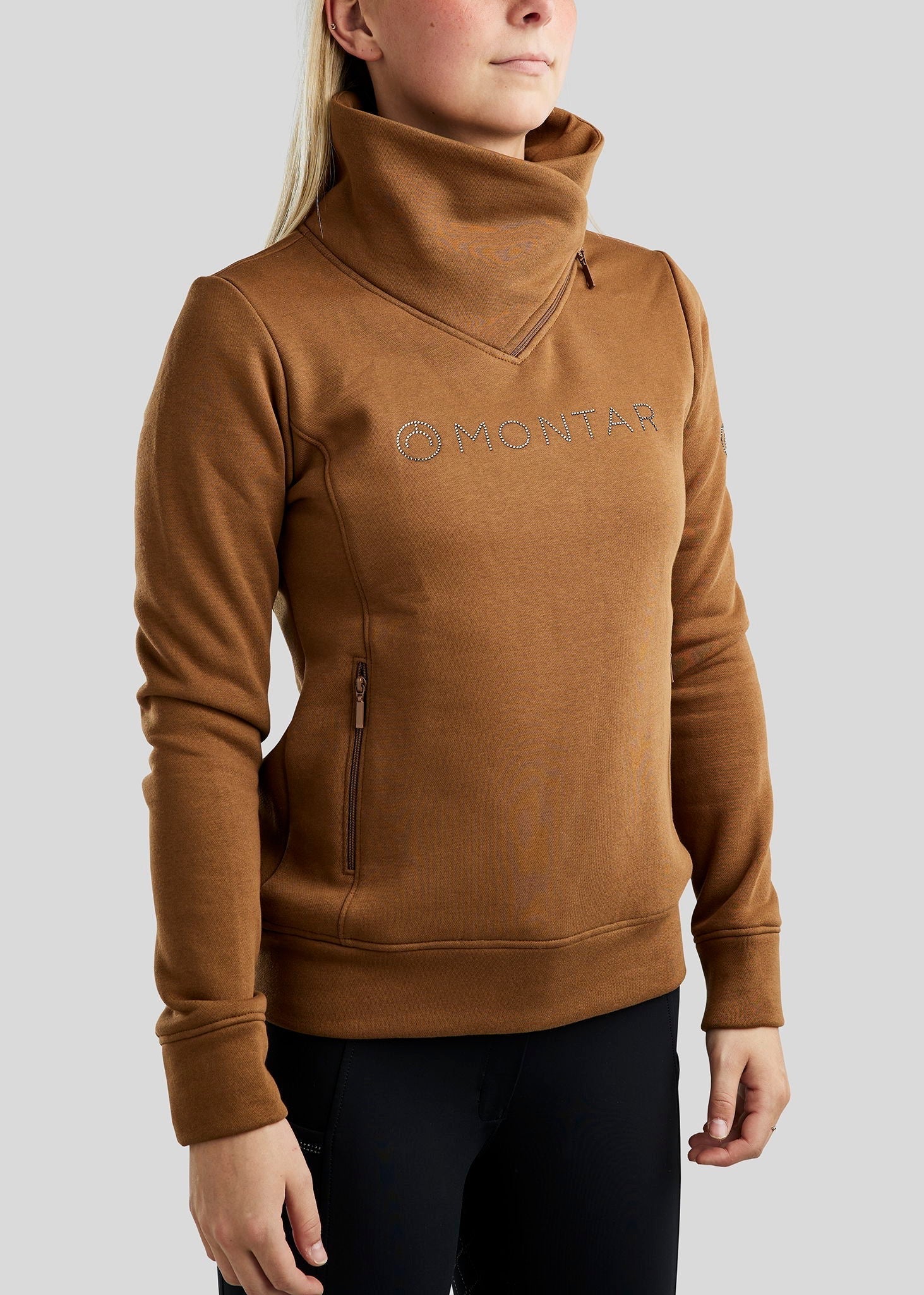 Montar MoNaja High Collar Sweatshirt with Gun Metal Crystals - Toffee