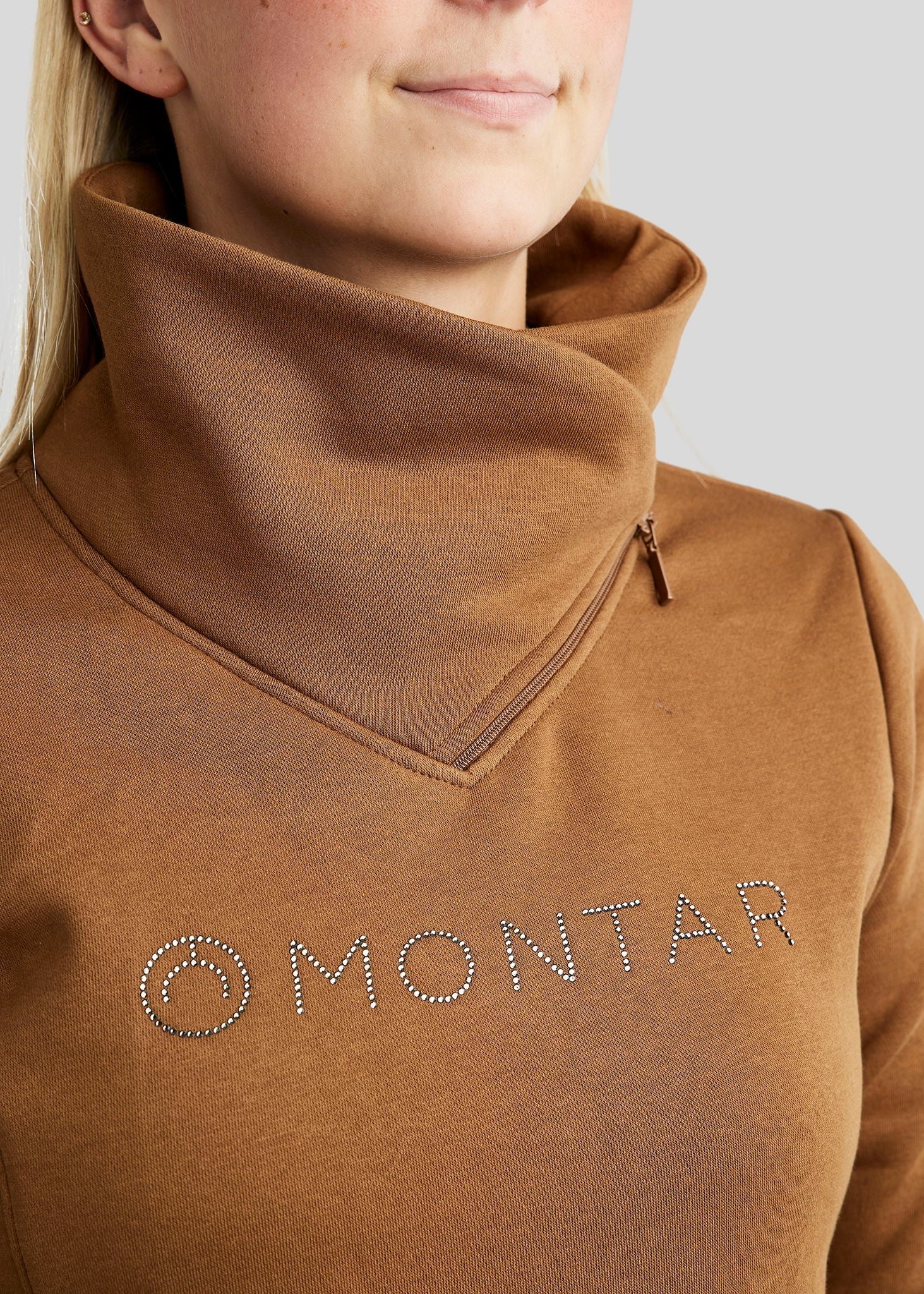 Montar MoNaja High Collar Sweatshirt with Gun Metal Crystals - Toffee