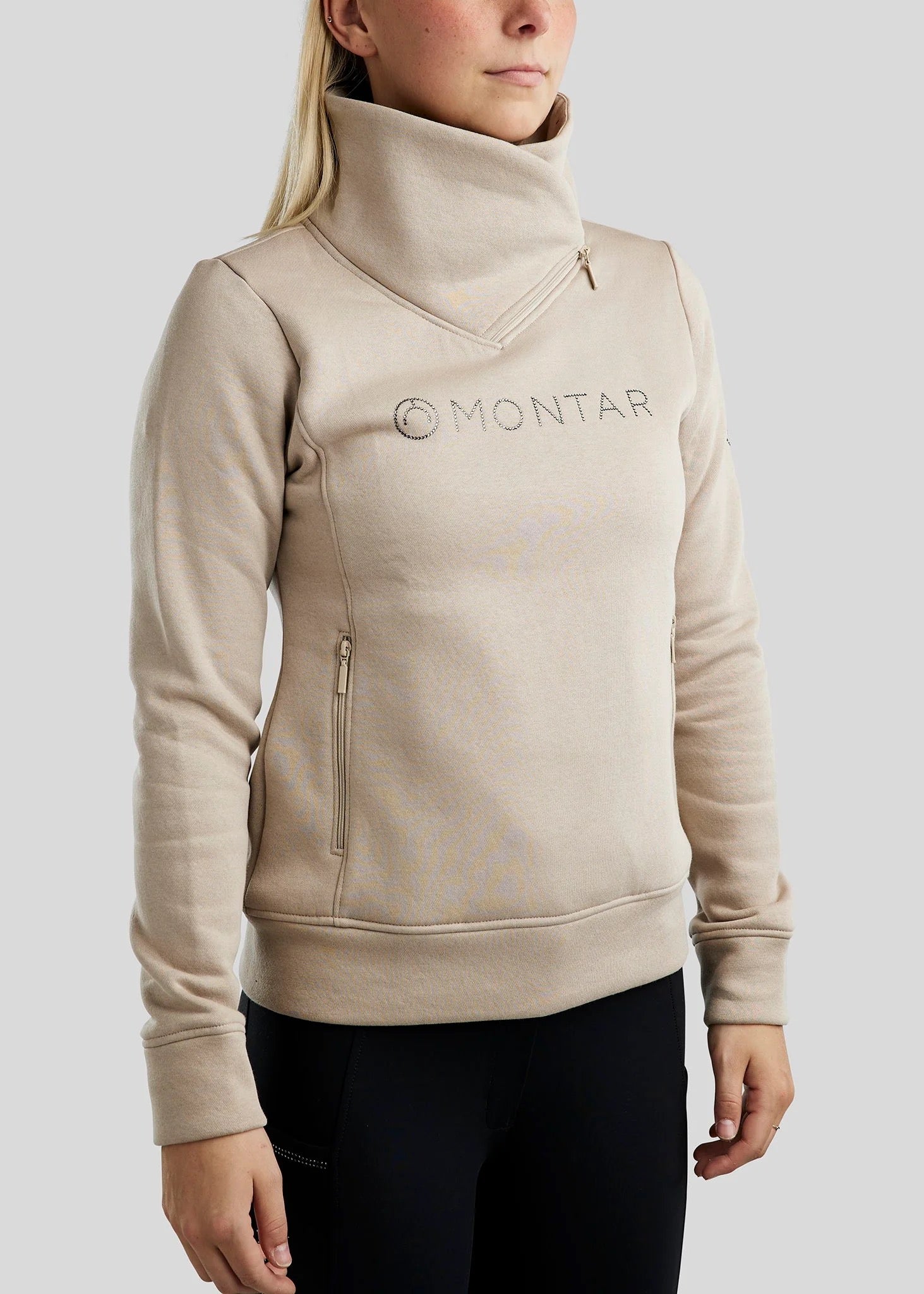 Montar MoNaja High Collar Sweatshirt with Gun Metal Crystals - Light Silver Grey