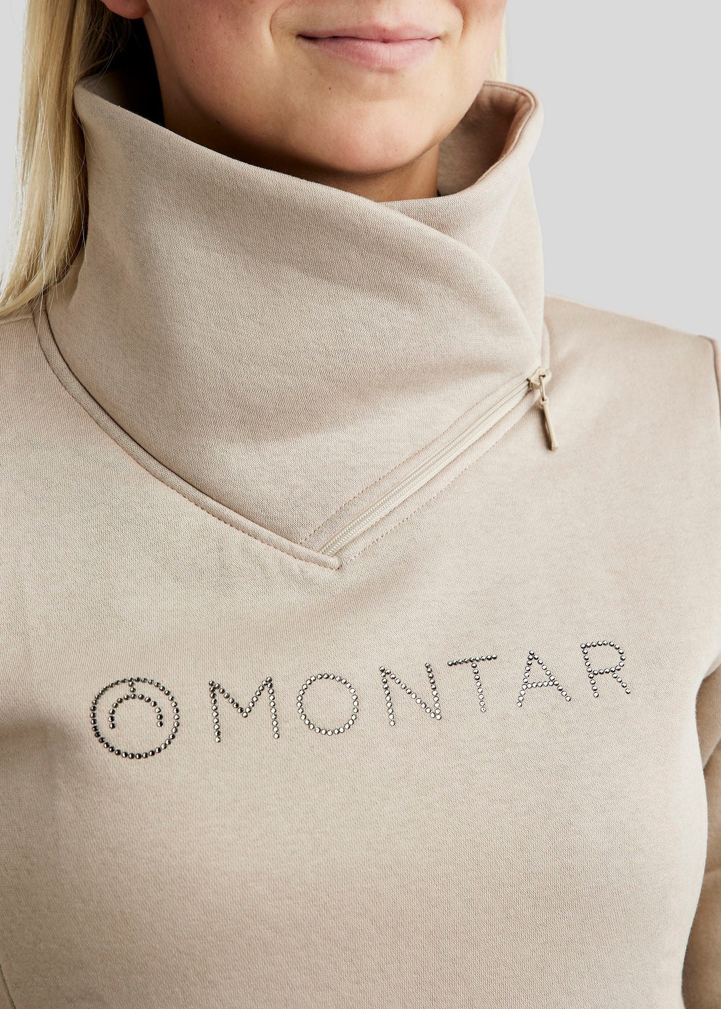 Montar MoNaja High Collar Sweatshirt with Gun Metal Crystals - Light Silver Grey
